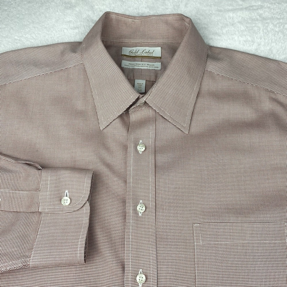 Roundtree & Yorke Gold Label Dress Shirt Mens 18-34 Burgundy Micro-Check No Iron